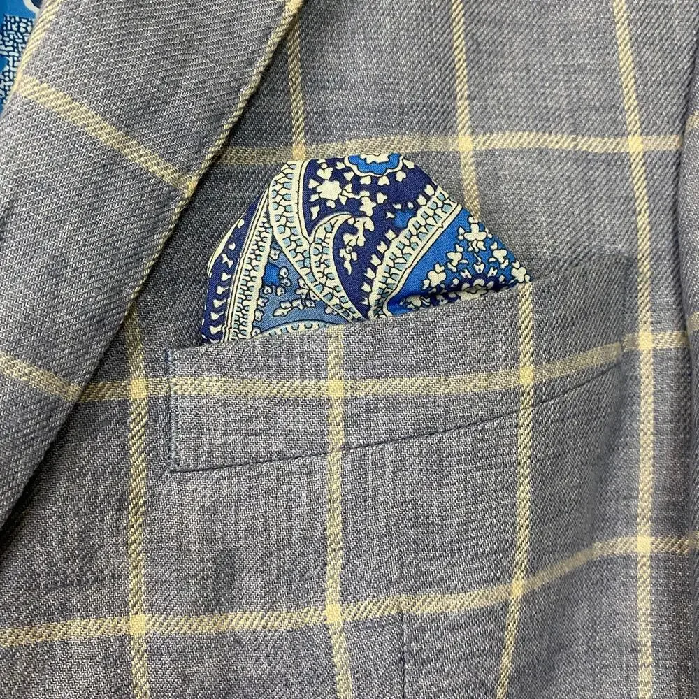 Tallia Mens Windowpane Plaid Elbow Patch Linen Blazer Sport Coat 38R Blue Check - Picture 5 of 14